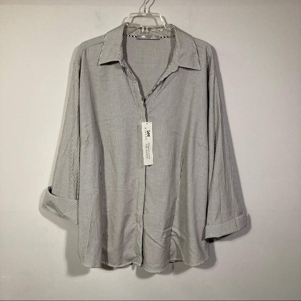 NEW Lee Riders Gray Stripe Cotton Blend Button Up Blouse Shirt Plus Sz XXXL